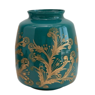 Teal and Gold Etched Design Glass Vase