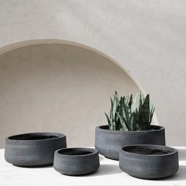Stripe Fiber Clay Pots Set of 4 Round Grey