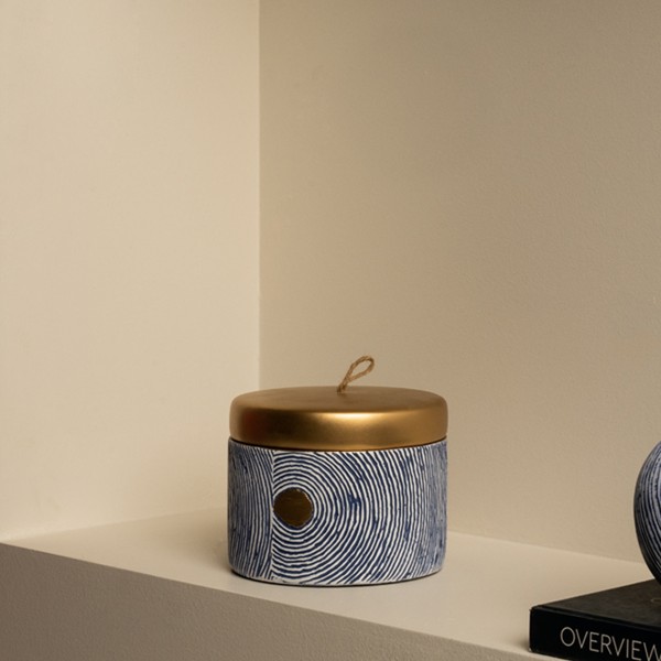 Spiral Storage Jar Blue with Golden Lid 17x17x12 cm