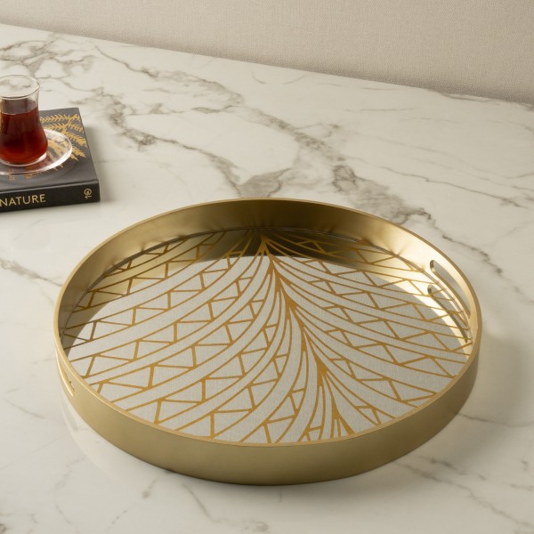 Leafy Round Mirror Tray Gold 43x43x4.5 cm