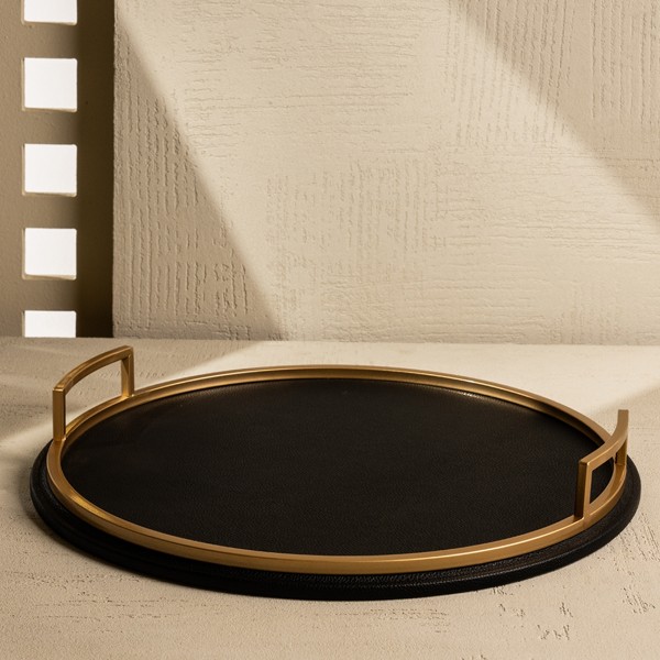Dana Leather Round Tray Black 45X6 cm