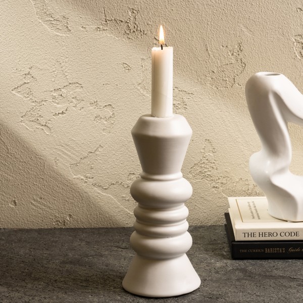 Elle Ceramic Candle Holder Matte White 8.7X19.3 cm