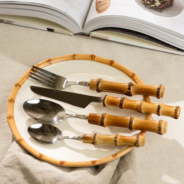 Bamboo Stainless Steel Cutlery Set 24Pcs Natural