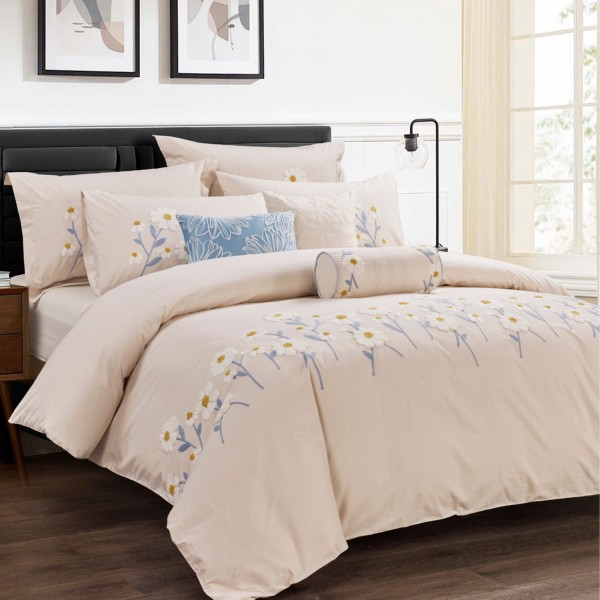 Summer 5 Pcs Embroidered Duvet Cover Set Beige 220x240 cm