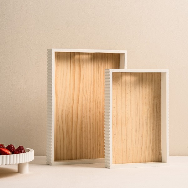 Salver Rectangular Wood Deco Tray Set 2Pcs White 