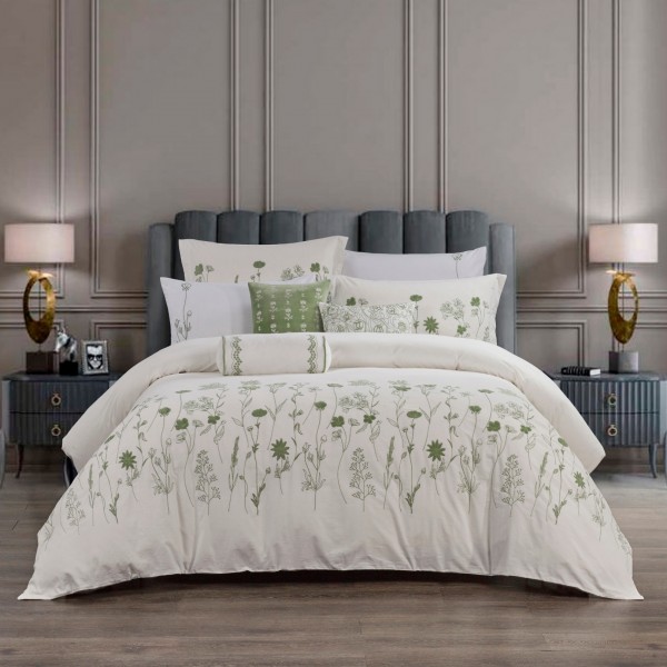 Zera Embroidered Comforter Set 8Pcs Offwhite/ Green 260X270 cm