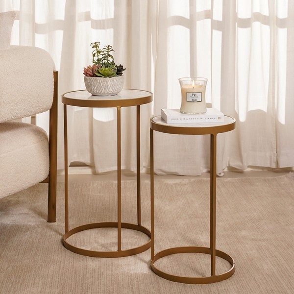Yudu Set of 2 Side Table Marble Top White/Gold