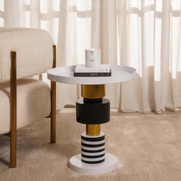 Zebra Side Table with Top Glass White/Black