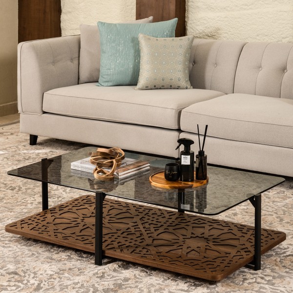 Evans Coffee Table with Top Glass Walnut