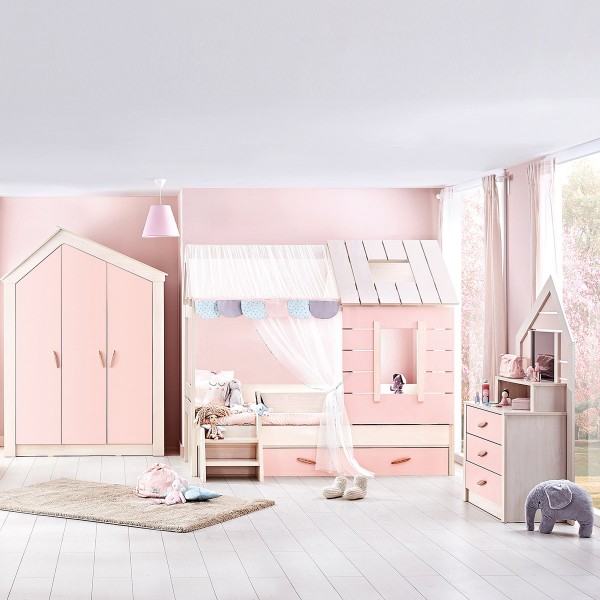 Pink House 90x200 Kids Bedroom Set with Wardrobe