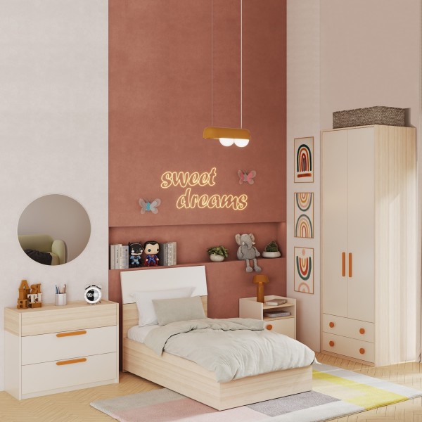 Flexy 90x200 Kids Bedroom Set with Wardrobe & Orange Handles
