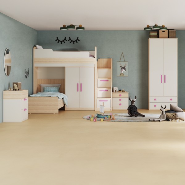 Flexy 90x200 Bunk Bed Kids Bedroom Set with Wardrobe + Pink Handles