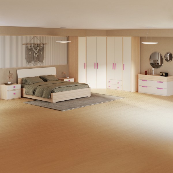 Flexy 180x200 Bedroom Set with Wardrobe + Pink Handles