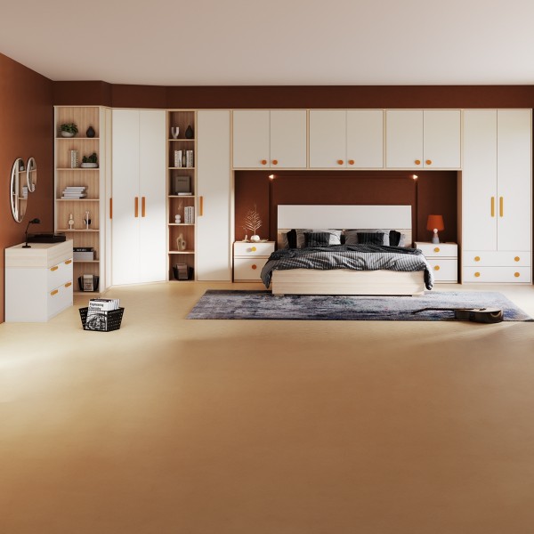 Flexy 180x200 Bedroom Set with Wardrobe + 3 Pieces Top Cabinet + Orange Handles