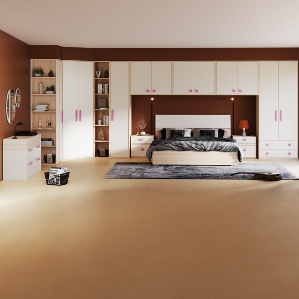 Flexy 180x200 Bedroom Set with Wardrobe + 3 Pieces Top Cabinet + Pink Handles