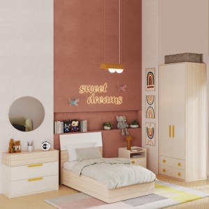 طقم غرفة نوم للأطفال فليكسي 90×200 مع خزانة ملابس ومقابض صفراء