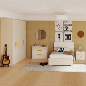 طقم غرفة نوم للأطفال فليكسي 120×200 مع خزانة ملابس ومقابض صفراء