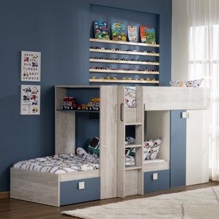 سرير بطابقين للأطفال آسبن 90 × 200 بلوط / أبيض / أزرق
