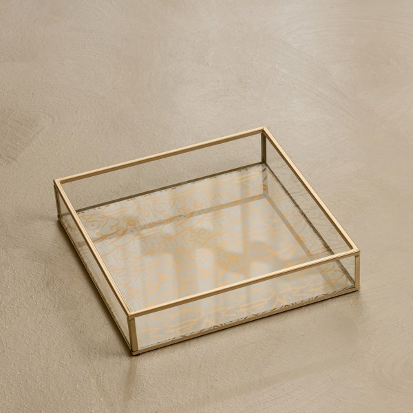 صينية ديكور زجاجية كاليغرافي ذهبية 20×20×4 سم