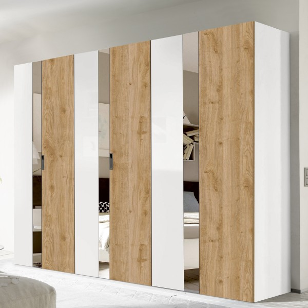 خزانة ملابس ستار بـ 6 أبواب بيضاء شديدة اللمعان/بلون خشب البلوط