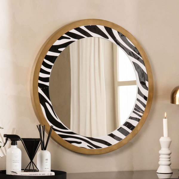 مرآة حائط مستديرة زيبرا بإطار ذهبي أسود/أبيض
