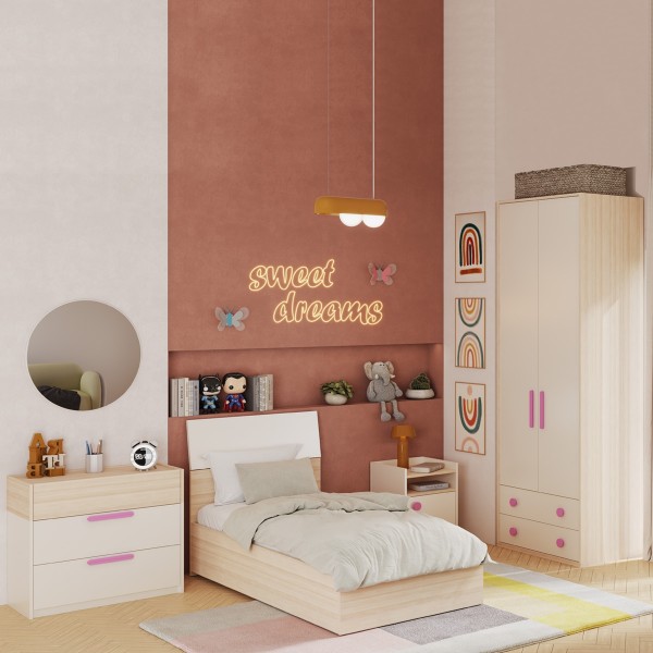 طقم غرفة نوم للأطفال فليكسي 90×200 مع خزانة ملابس ومقابض وردية