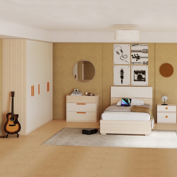 طقم غرفة نوم أطفال فليكسي 120×200 مع خزانة ملابس ومقابض برتقالية
