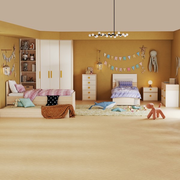 طقم غرفة نوم أطفال فليكسي بسرير قابل للسحب 90×200/90×200 مع خزانة ملابس ومقابض صفراء