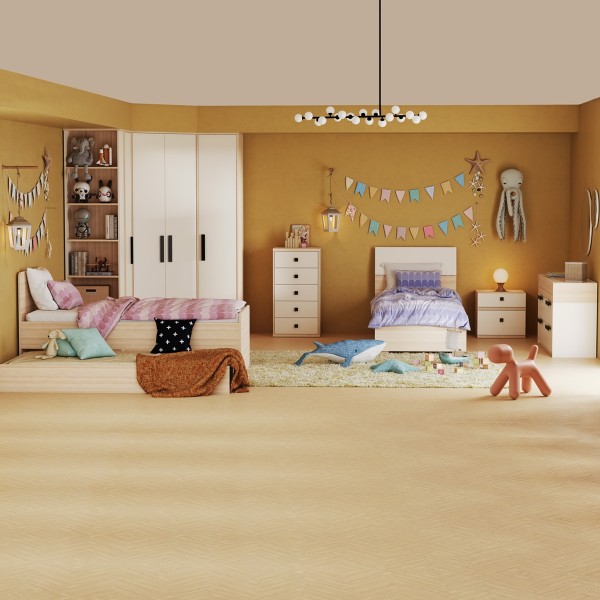 طقم غرفة نوم أطفال فليكسي بسرير قابل للسحب 90×200/90×200 مع خزانة ملابس ومقابض رمادية داكنة