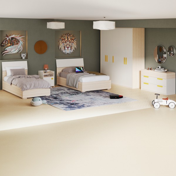 طقم غرفة نوم للأطفال فليكسي 90×200/120×200 مع خزانة ملابس + مقابض صفراء