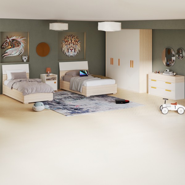 طقم غرفة نوم للأطفال فليكسي 90×200/120×200 مع خزانة ملابس + مقابض برتقالية