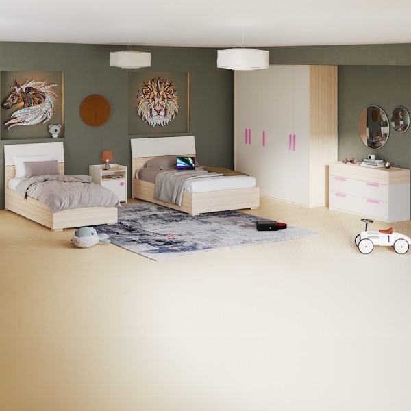 طقم غرفة نوم للأطفال فليكسي 90×200/120×200 مع خزانة ملابس + مقابض وردية