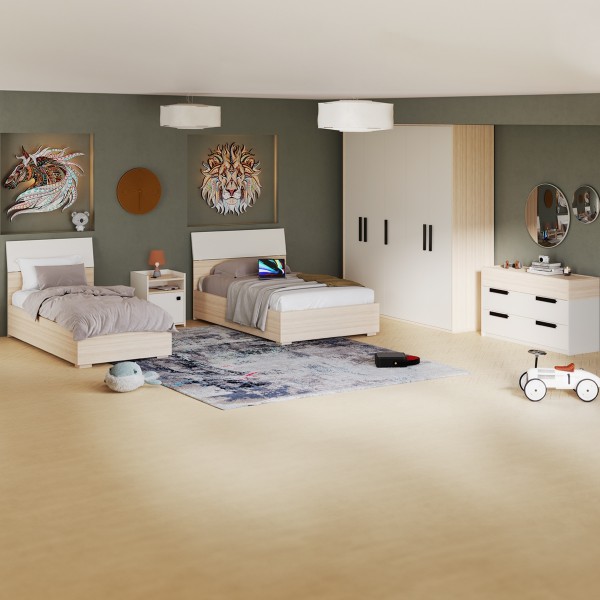 طقم غرفة نوم للأطفال فليكسي 90×200/120×200 مع خزانة ملابس + مقابض رمادية داكنة