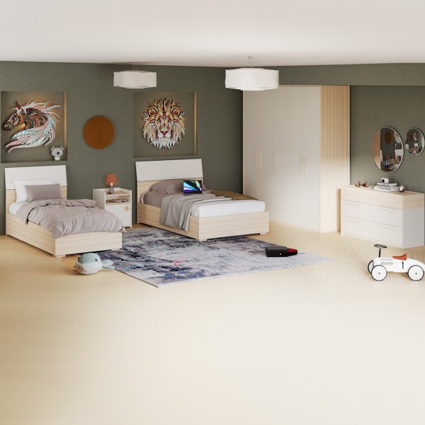 طقم غرفة نوم للأطفال فليكسي 90×200/120×200 مع خزانة ملابس + مقابض بيضاء/بنية