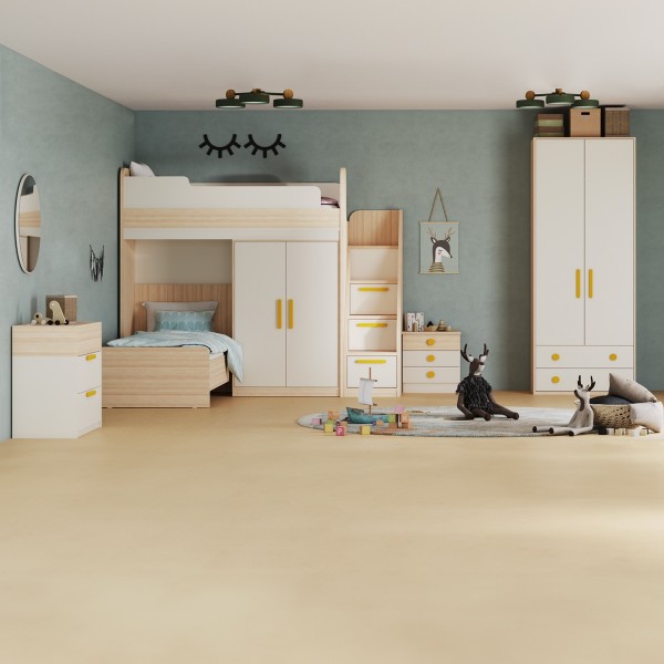 طقم غرفة نوم للأطفال بسرير بطابقين فليكسي 90×200 مع خزانة ملابس + مقابض صفراء