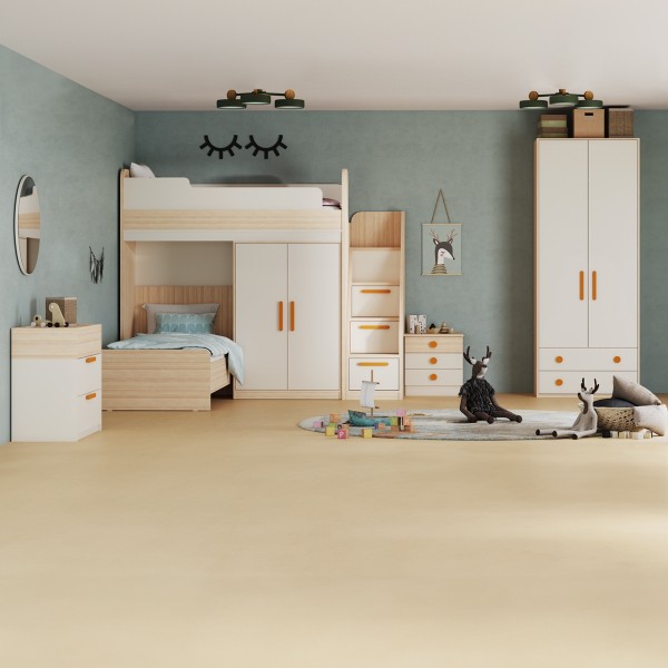 طقم غرفة نوم للأطفال بسرير بطابقين فليكسي 90×200 مع خزانة ملابس + مقابض برتقالية