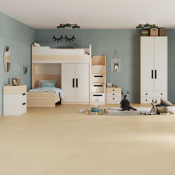 طقم غرفة نوم للأطفال بسرير بطابقين فليكسي 90×200 مع خزانة ملابس + مقابض رمادية داكنة