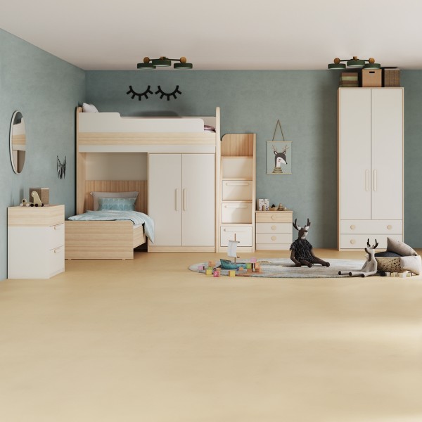 طقم غرفة نوم للأطفال بسرير بطابقين فليكسي 90×200 مع خزانة ملابس + مقابض بيضاء/بنية