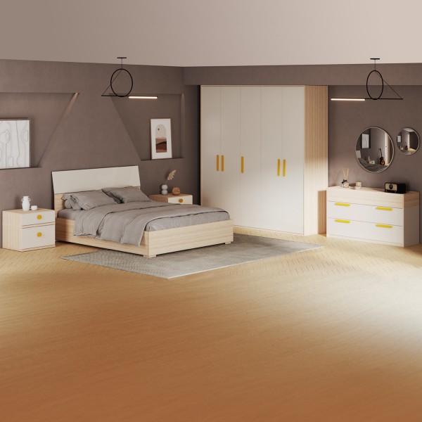 طقم غرفة نوم فليكسي 160×200 مع خزانة ملابس + مقابض صفراء
