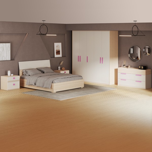 طقم غرفة نوم فليكسي 160×200 مع خزانة ملابس + مقابض وردية