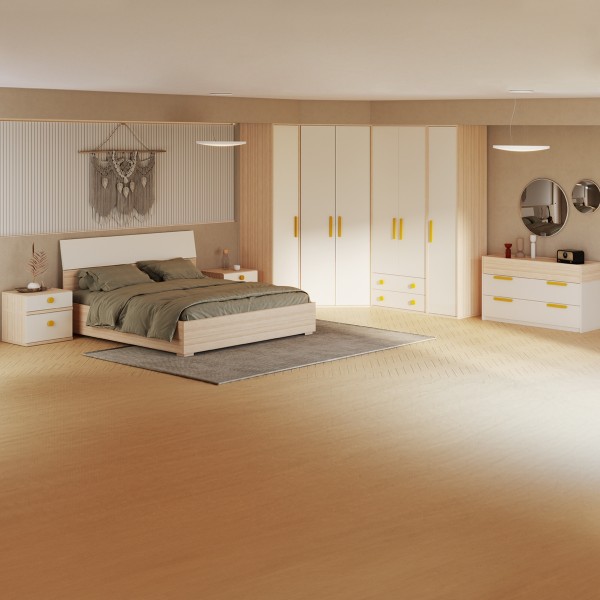 طقم غرفة نوم فليكسي 180×200 مع خزانة ملابس + مقابض صفراء