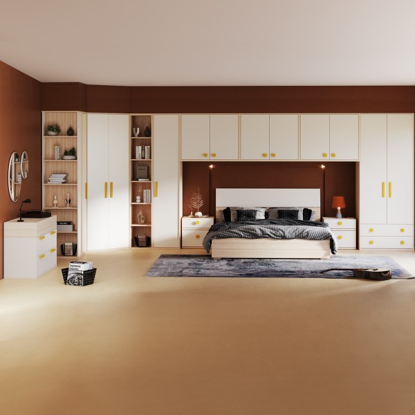 طقم غرفة نوم فليكسي 180×200 مع خزانة ملابس + خزانة علوية 3 قطع + مقابض صفراء