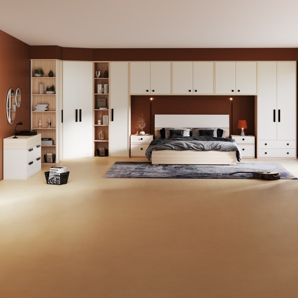 طقم غرفة نوم فليكسي 180×200 مع خزانة ملابس + خزانة علوية 3 قطع + مقابض رمادية داكنة