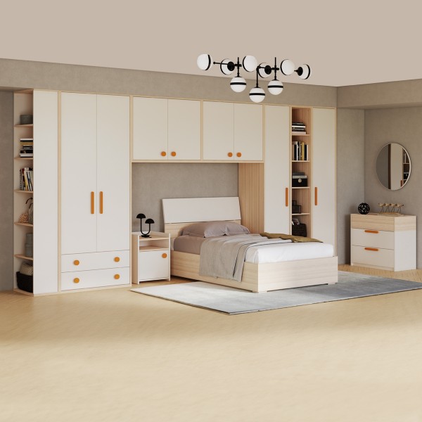 طقم غرفة نوم للأطفال فليكسي 120×200 مع خزانة ملابس + خزانة علوية قطعتين + مقابض برتقالية