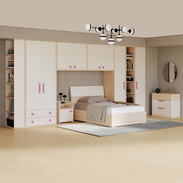 طقم غرفة نوم للأطفال فليكسي 120×200 + خزانة علوية قطعتين + مقابض وردية