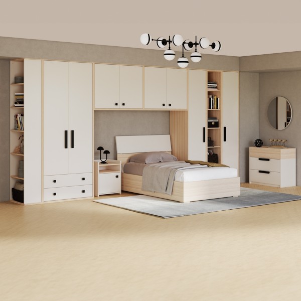 طقم غرفة نوم للأطفال فليكسي 120×200 مع خزانة ملابس + خزانة علوية قطعتين + مقابض رمادية داكنة