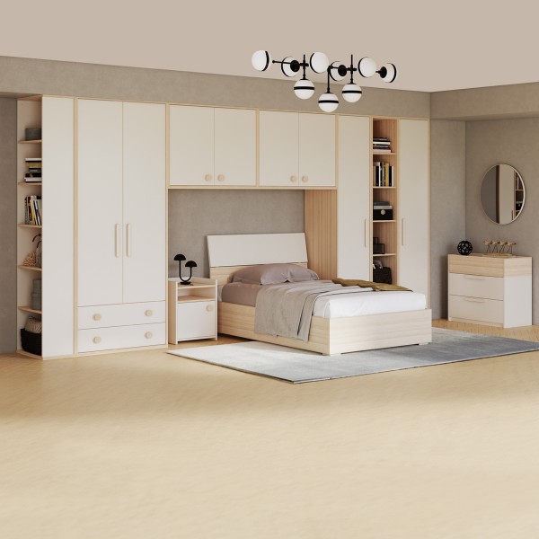 طقم غرفة نوم للأطفال فليكسي 120×200 + خزانة علوية قطعتين + مقابض بيضاء/بنية
